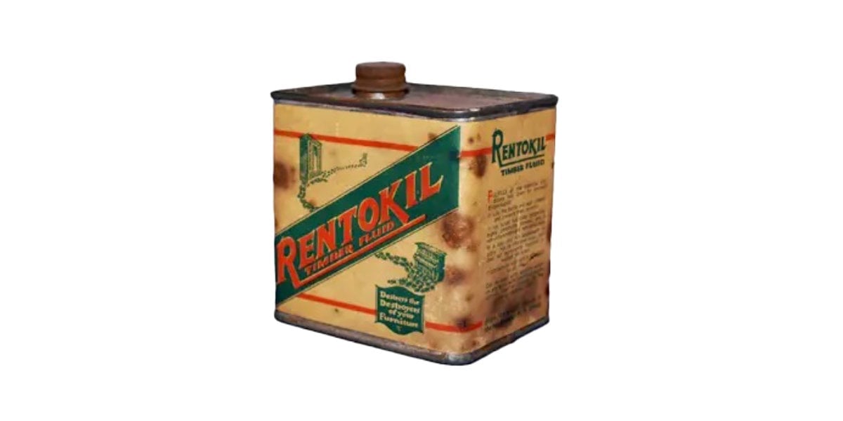 Vintage can of Rentokil timber fluid from the 1920s with an aged brown label