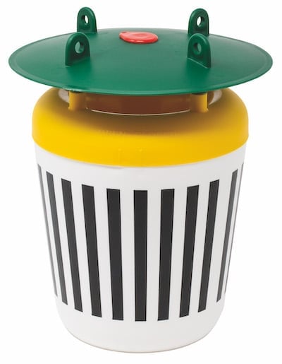 Yellow, green and white and black striped pot for catching moths