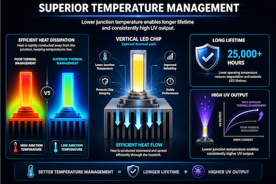 Infographic explaining the superior temperature management of LED bulbs vs fluorescent bulbs