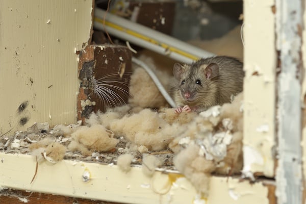 Rodent burrowing into insulation foam inside an old storage unit, the damaged walls and exposed wiring indicating widespread gnawing
