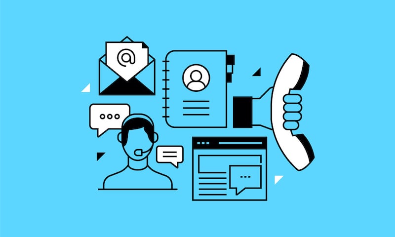 Illustration showing customer support via phone, web and email