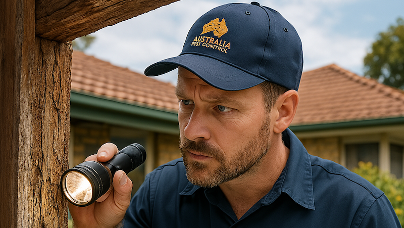 Man holding a torch near a wooden structure checking for termites