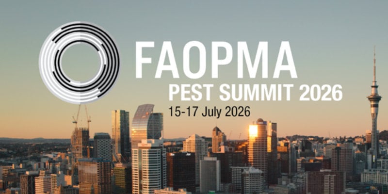 FAOPMA Pest Summit 2026 poster showing Auckland city at sunset