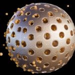 3D rendering of mesoporous silica nanoparticles actively releasing encapsulated nanomedicines