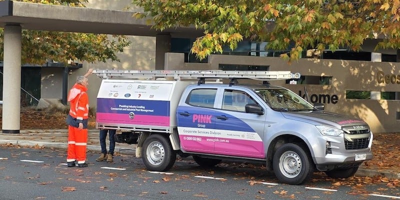 Pink Pest Control vehicle parked on a leafy street