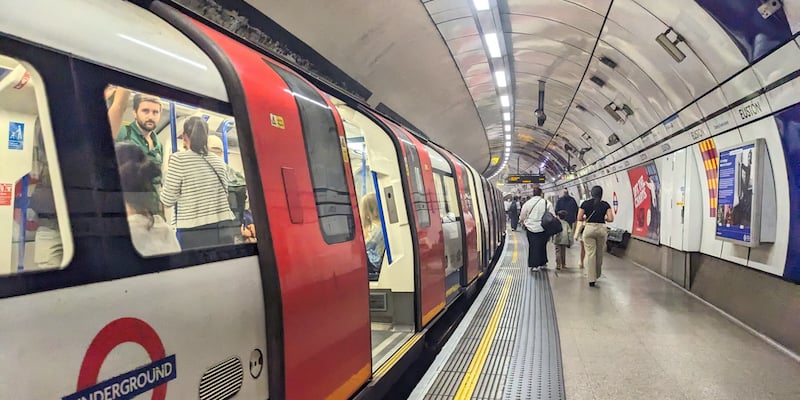 London Underground showing a train having arrived at Euston station with people disembarking