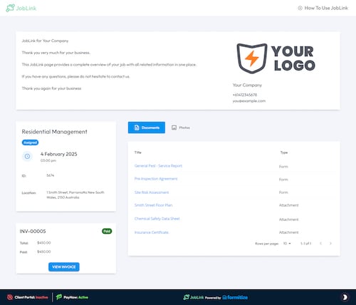 Screenshot from the Joblink page in Pest Management App