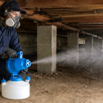 A man holding misting equipment underneath a house