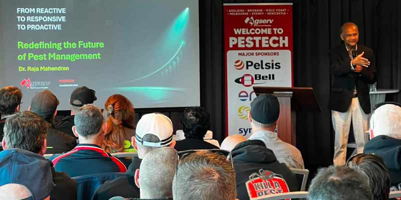 Raja Mahendran speaking at Pestech 2026 in Newcastle, NSW, Australia